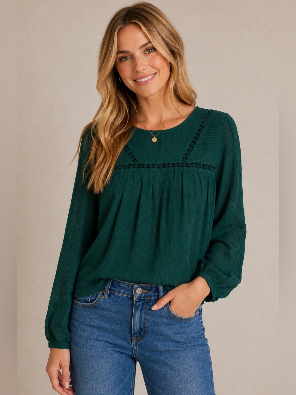 NWT‎ LOFT Long Sleeve Striped Lace Embroidered Top Large Relaxed Lightweight